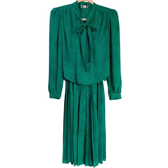 Vintage Womens M Kelly Green Alligator Print Tie Neck Secretary Twee Midi Dress - Picture 2 of 9